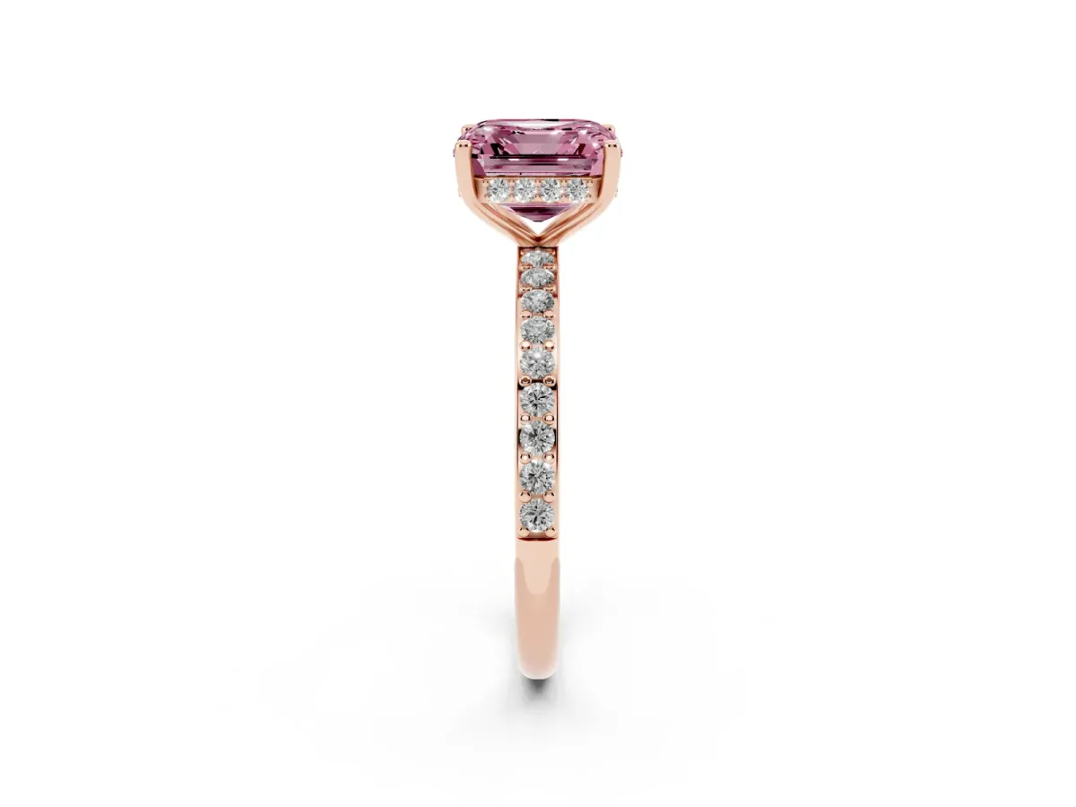 Fancy Pink Asscher Cut Cut Diamond Pavé Band Ring with Four-Prong Setting Rose gold