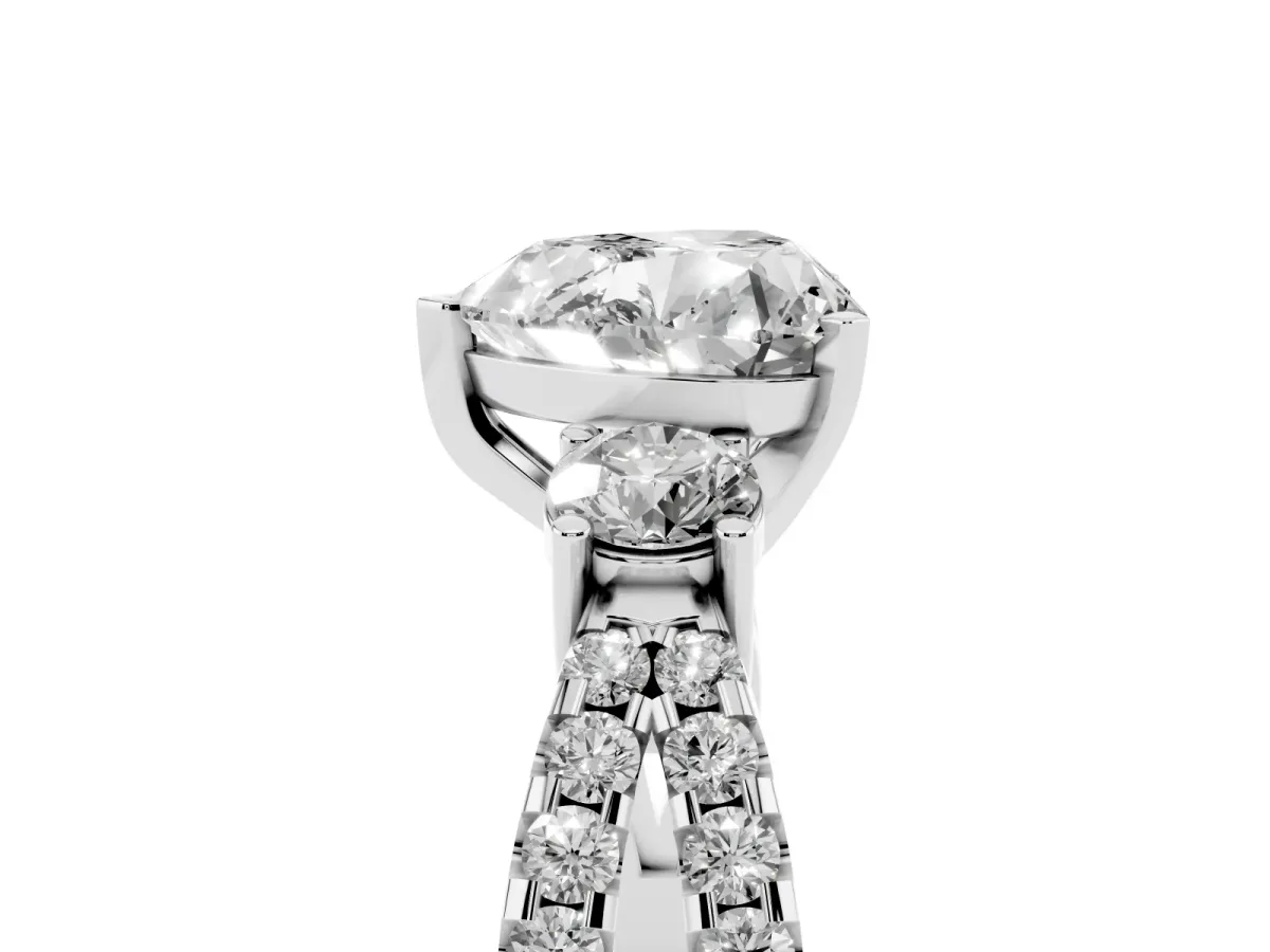 Heart Cut Diamond Three-Stone Ring with Pavé Split Shank and Four-Prong Setting White gold