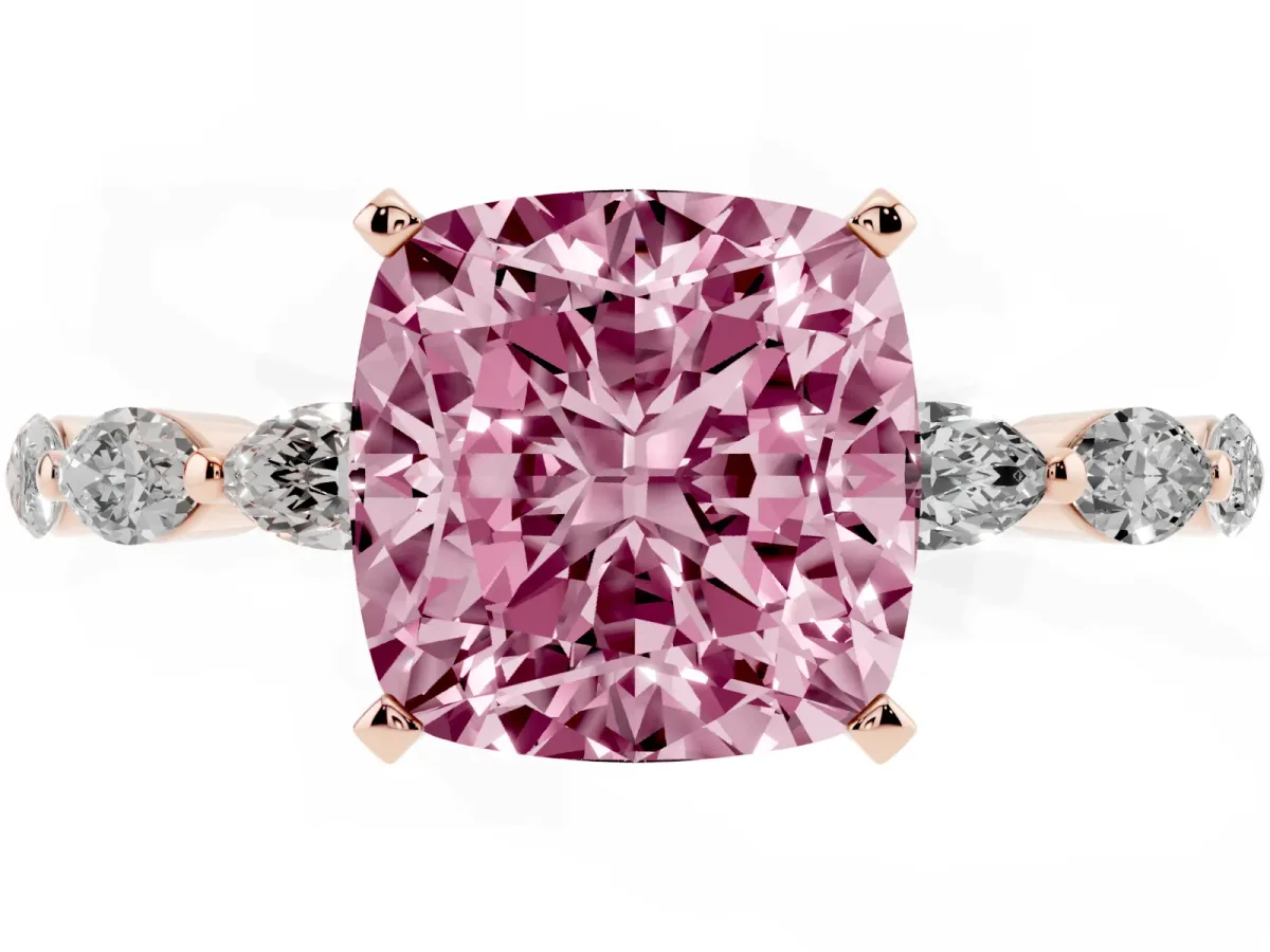 Fancy Pink Cushion Cut Diamond Ring with Marquise Side Stones and Prong Setting Rose gold