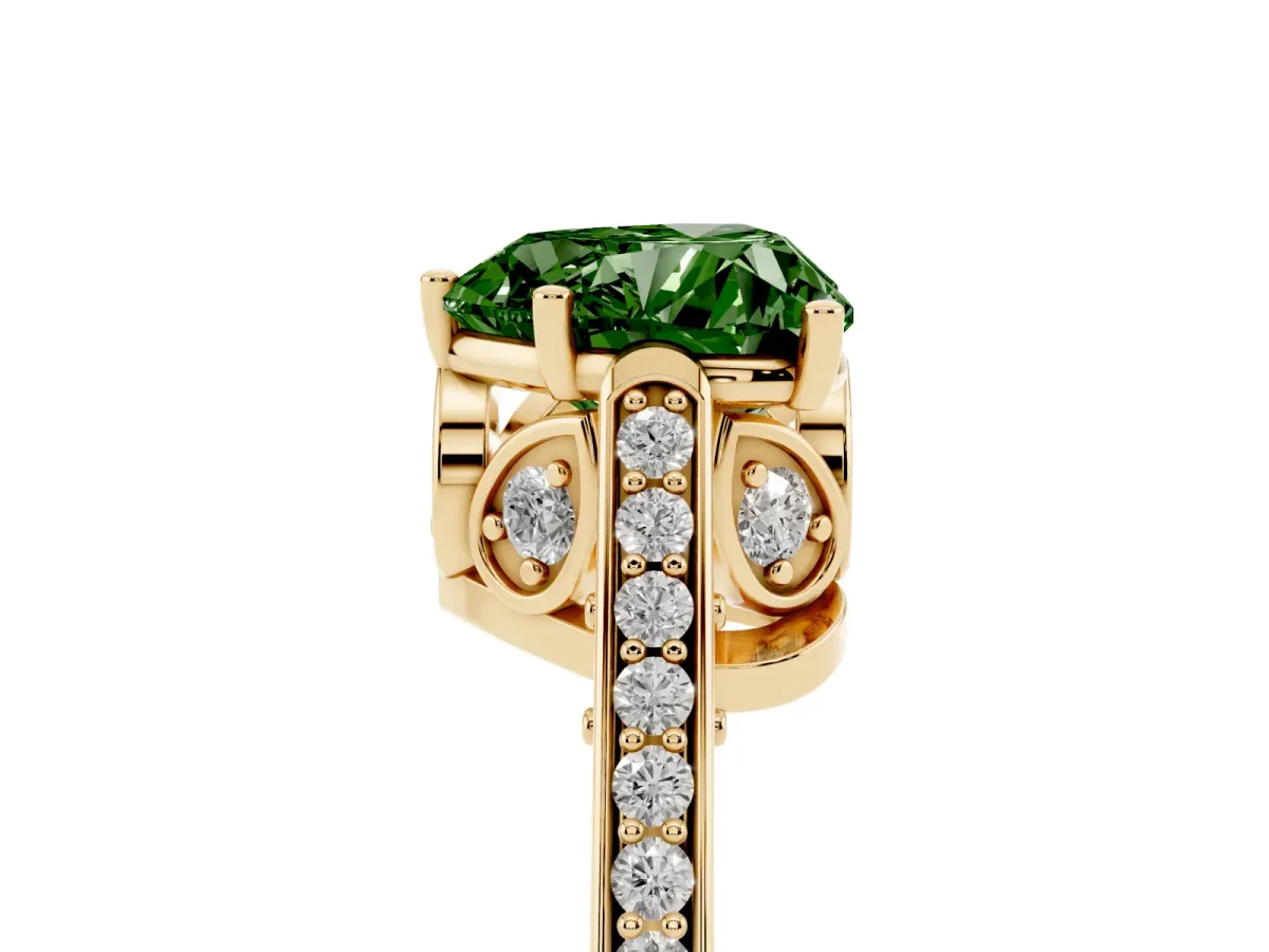 Fancy Green Heart Cut Cut Cathedral Pave Diamond Engagement Ring with Six-Prong Setting Yellow gold