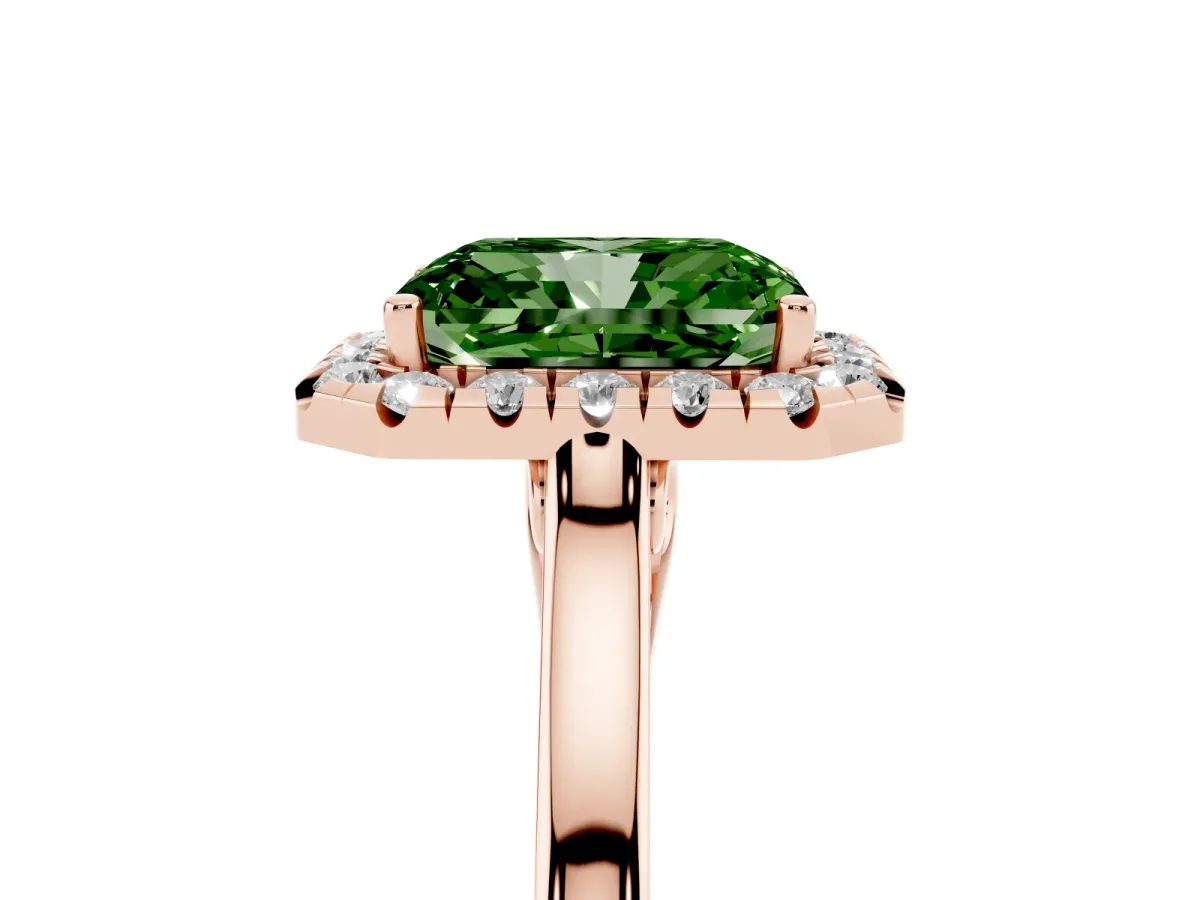 Fancy Green Radiant Cut Halo Round Diamond Solitaire Ring with Pavé Band and Four-Prong Setting Rose gold
