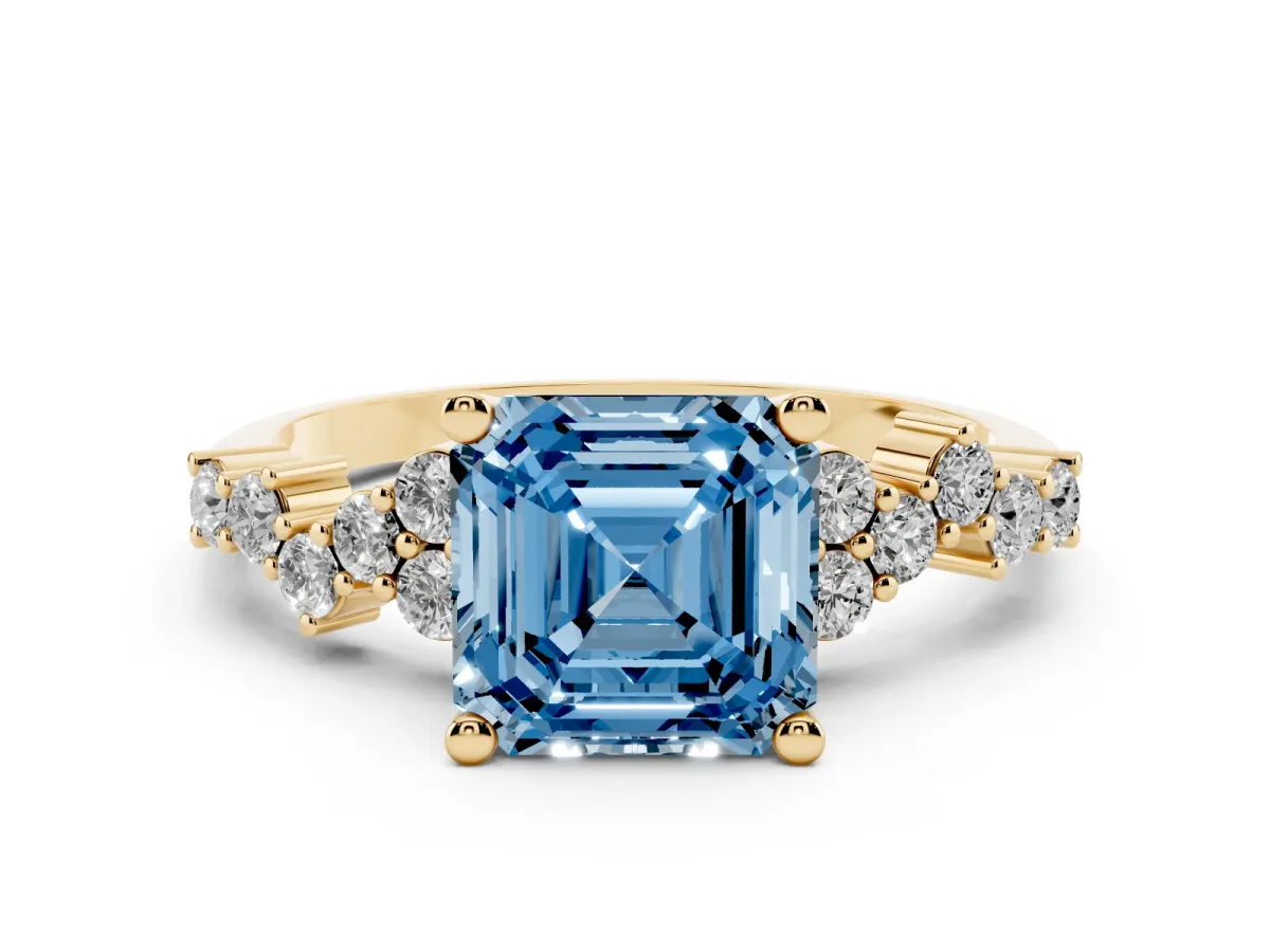 Fancy Blue Asscher Cut Diamond Scattered Round Accent Ring with Prong Setting Yellow gold