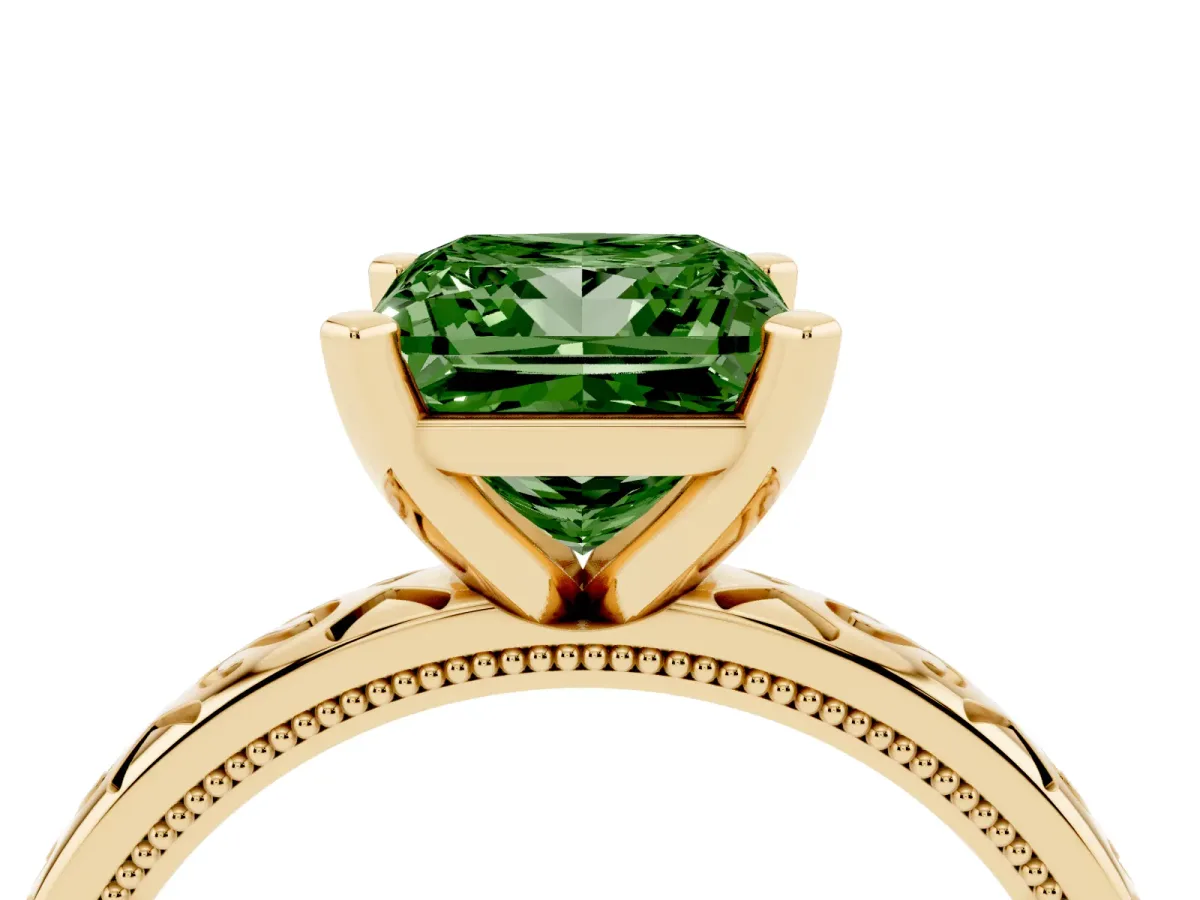 Fancy Green Princess Cut Solitaire Engagement Ring with Scrollwork Band and Four-Prong Setting Yellow gold