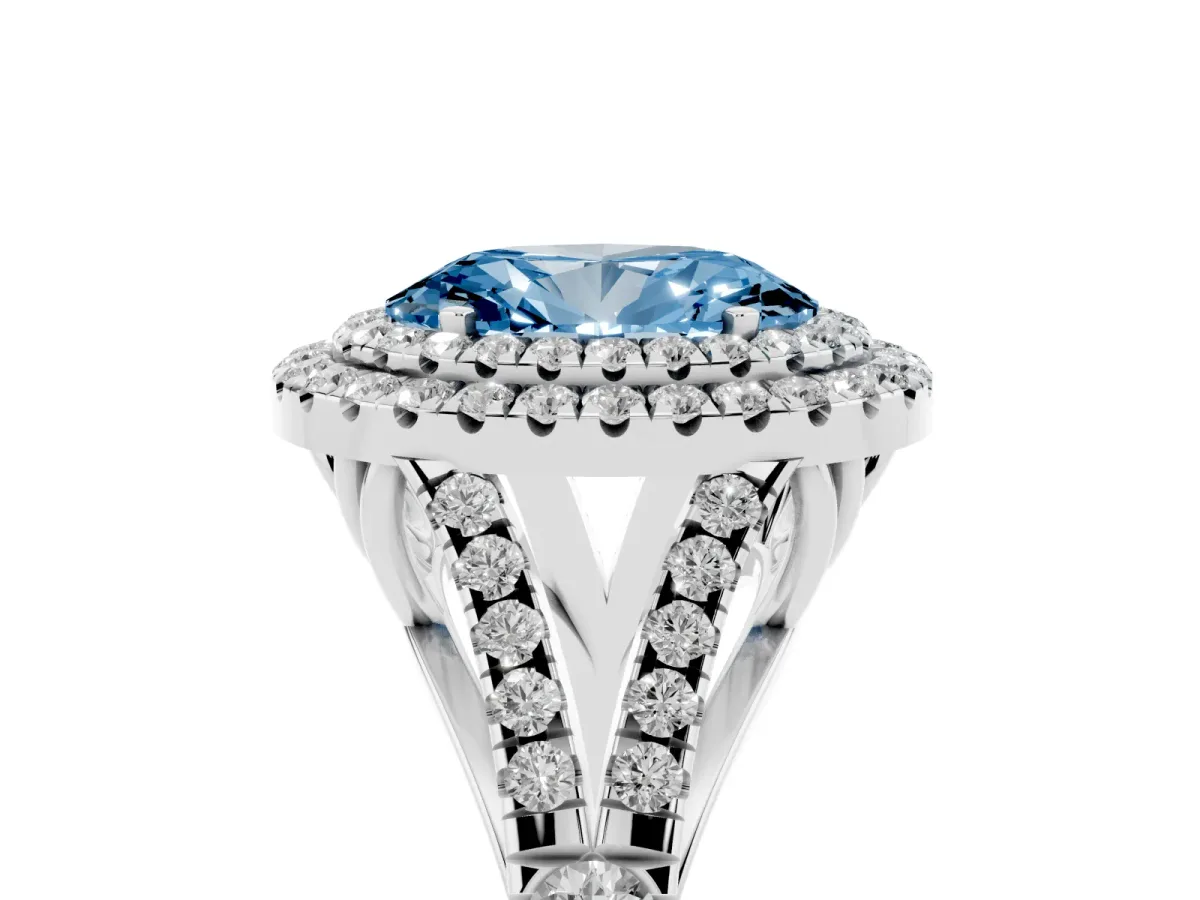 Fancy Blue Oval Cut Diamond Pavé Split Shank Double Halo Engagement Ring Silver