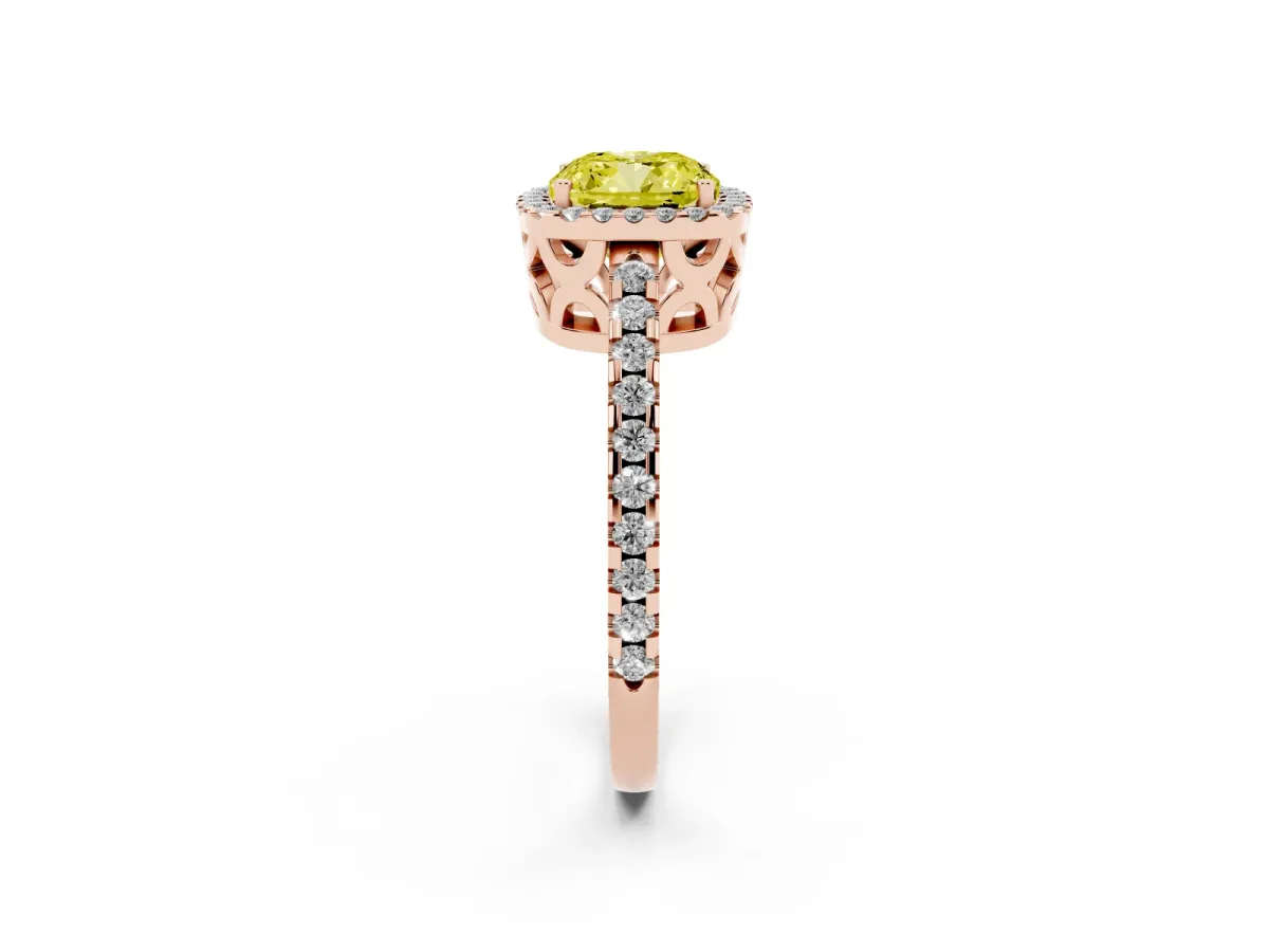 Fancy Yellow Cushion Cut Diamond Halo Engagement Ring with Pavé Band and Prong Setting Rose gold