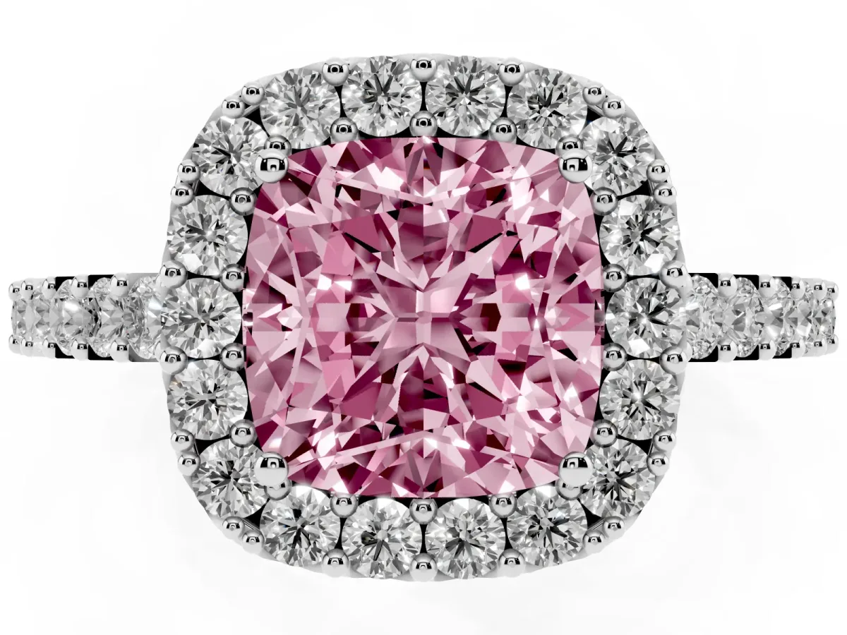 Fancy Pink Cushion Cut Halo Diamond Pavé Solitaire Ring Platinum