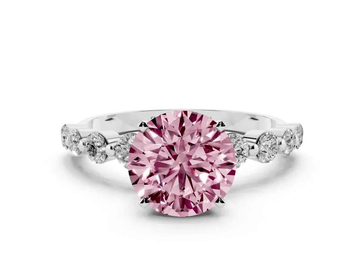 Fancy Pink Round Cut Solitaire Diamond Ring with Pave Band and Four-Prong Setting Platinum