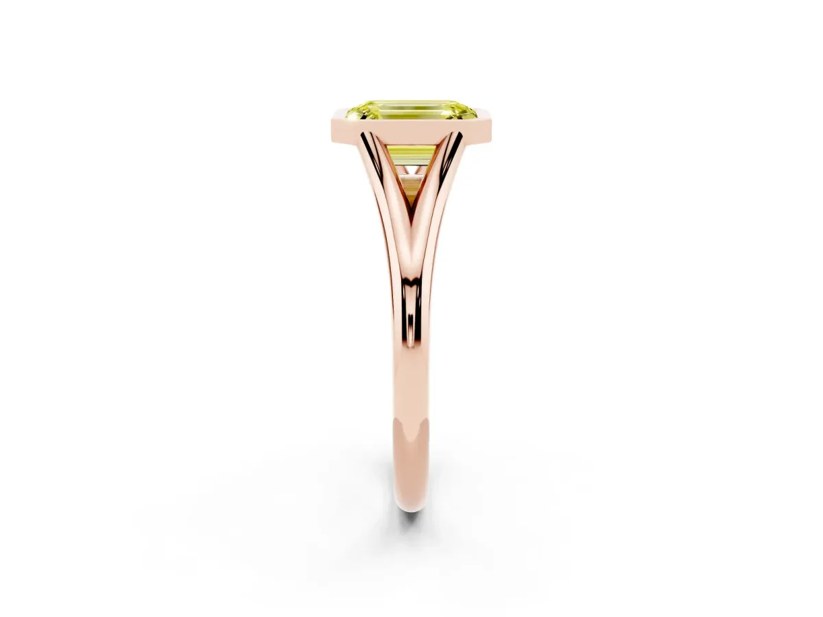 Fancy Yellow Bezel Set Emerald Cut Cut Solitaire Ring with Tapered Band Rose gold