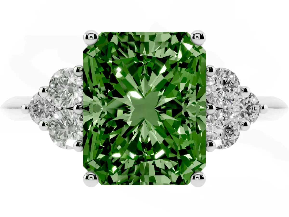 Fancy Green Radiant Cut Cut Diamond Cluster Ring with Solitaire Band and Four-Prong Setting Silver