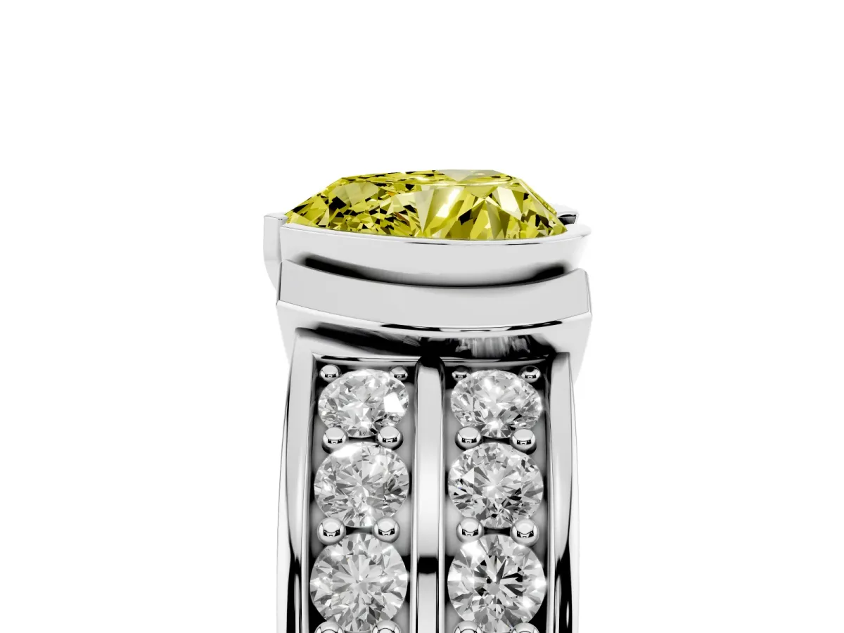 Fancy Yellow Heart Cut Brilliant Diamond Channel Set Wide Band Ring with Bezel Setting Platinum