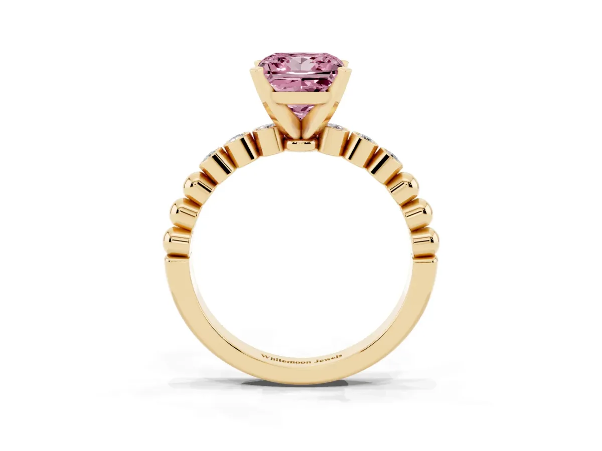Fancy Pink Princess Cut Solitaire Bezel Accent Diamond Engagement Ring with Beaded Band and Four-Prong Setting Yellow gold