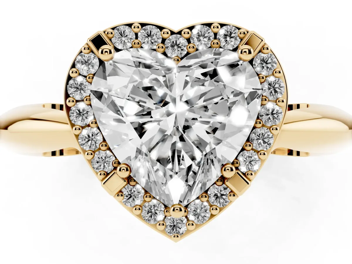 Heart Cut Cut Diamond Halo Engagement Ring with Split Shank and Four-Prong Setting Yellow gold
