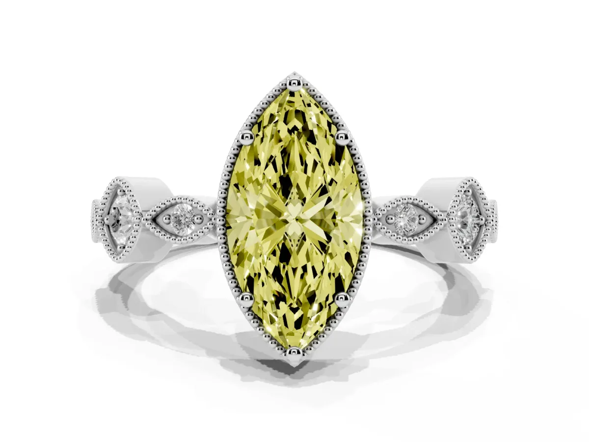 Fancy Yellow Marquise Cut Diamond Vintage Milgrain Ring with Round Stations Silver