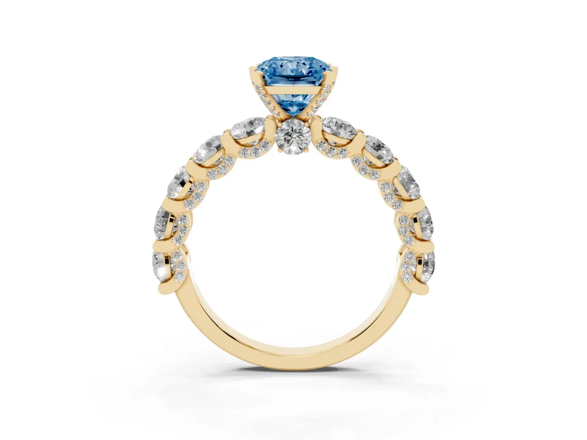 Fancy Blue Radiant Cut Diamond Side Stone Engagement Ring with Four-Prong Setting Yellow gold