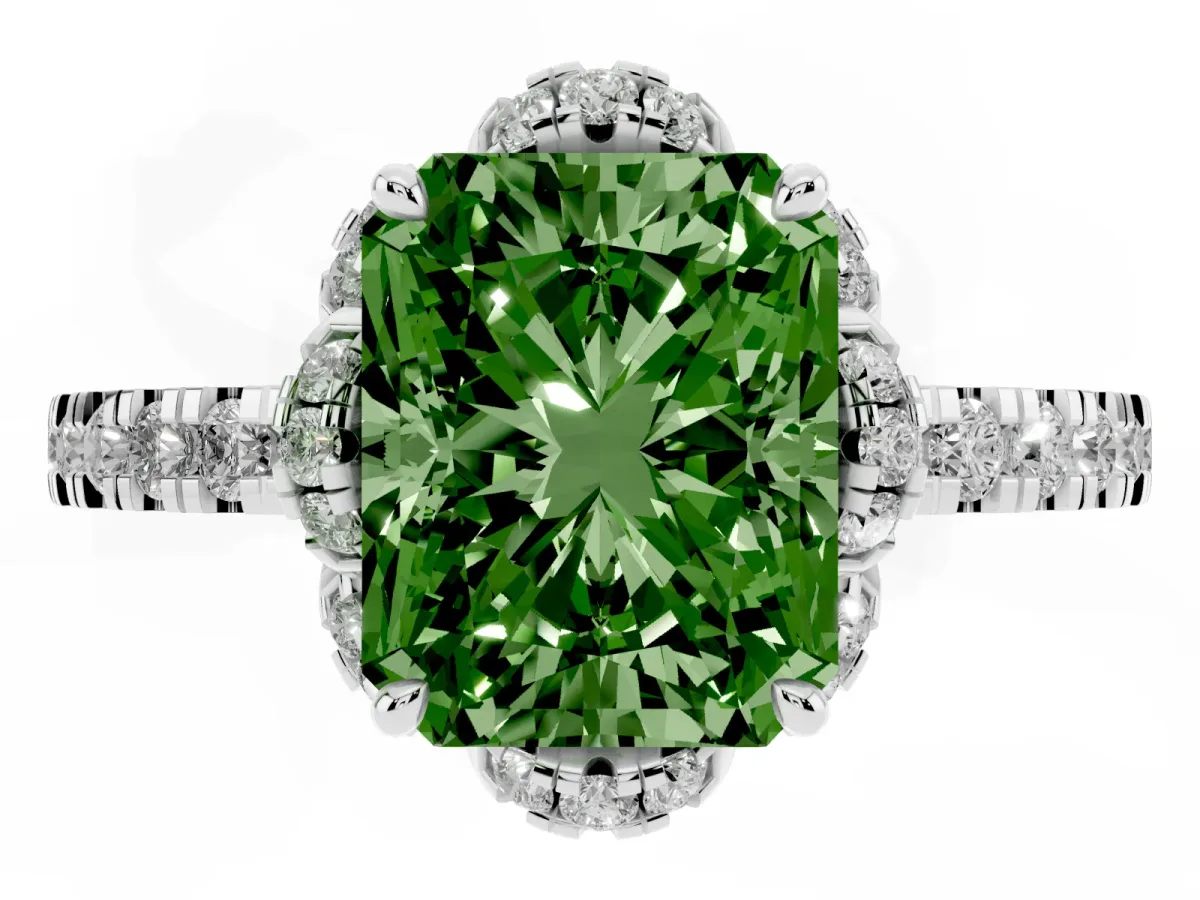 Fancy Green Radiant Cut Diamond Halo Pave Band with Four-Prong Setting Silver
