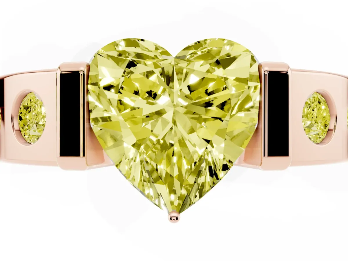 Fancy Yellow Heart Cut Brilliant Channel-Set Diamond Ring with Bezel Prong Setting Rose gold