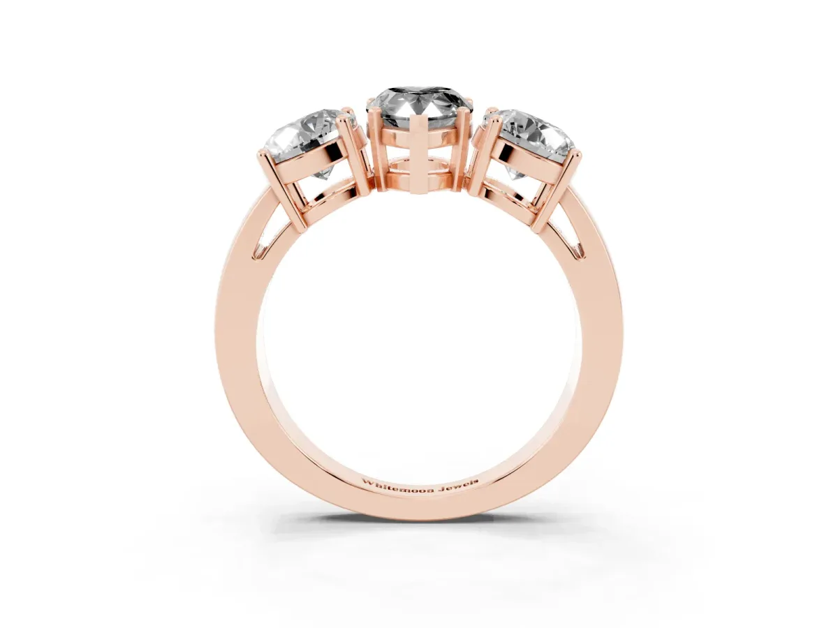 Fancy Black Three-Stone Pear Cut Diamond Ring with Round Side Stones, Classic Band, and Four-Prong Setting Rose gold