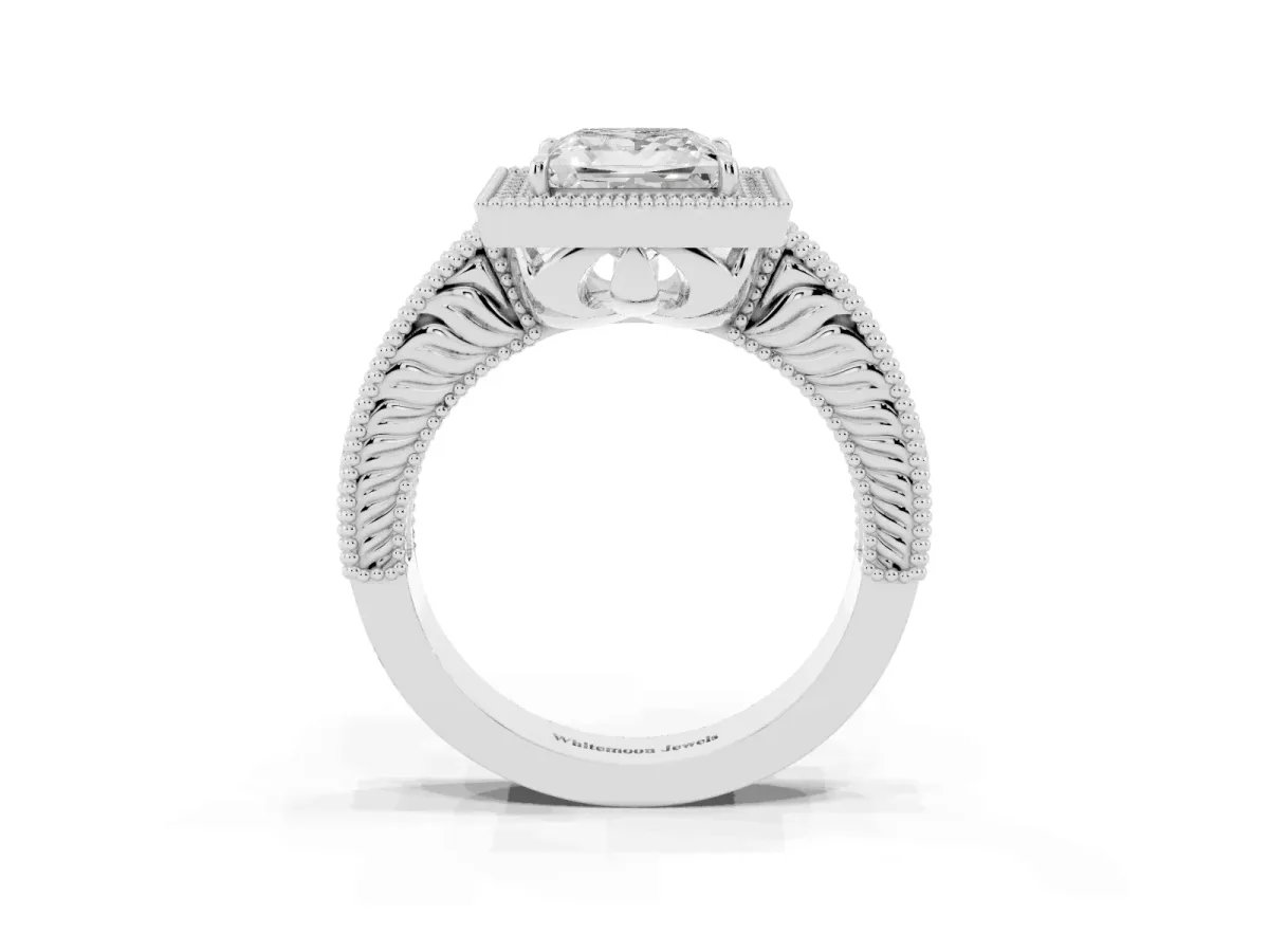 Princess Cut Cut Halo Diamond Ring with Pavé Band and Four-Prong Setting White gold