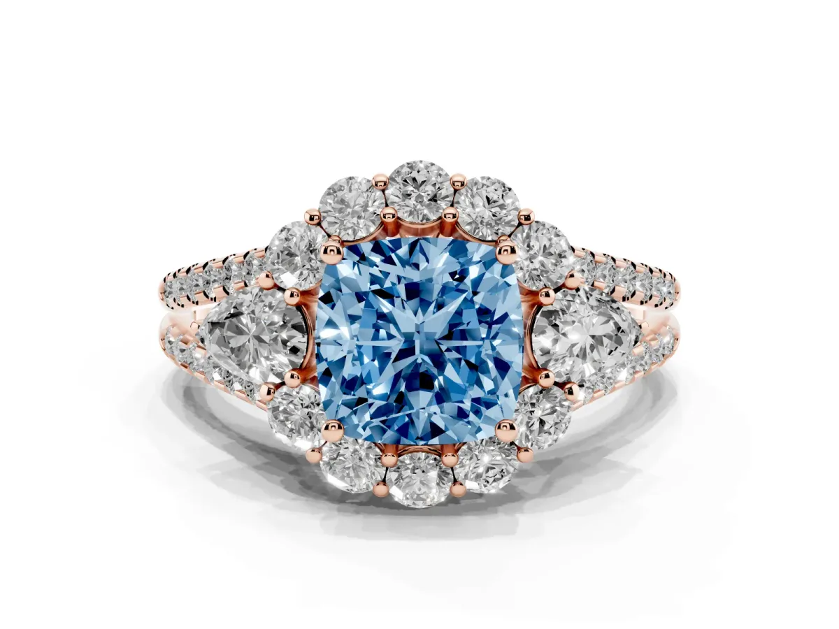 Fancy Blue Cushion Cut Halo Split Shank Diamond Engagement Ring with Prong Setting Rose gold