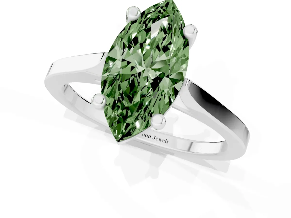 Fancy Green Marquise Cut Solitaire Diamond Ring with Four-Prong Setting and Tapered Band Platinum