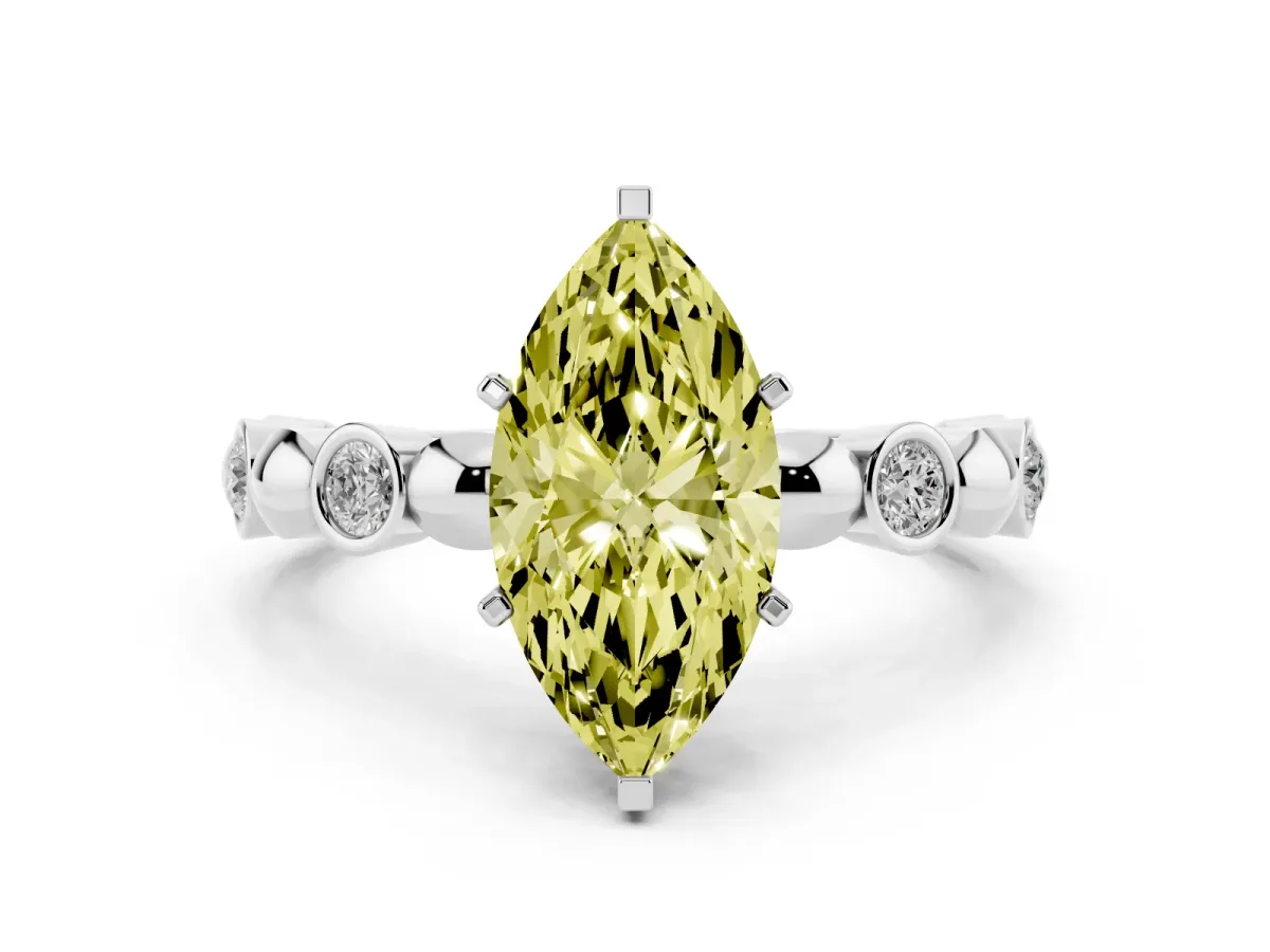 Fancy Yellow Marquise Cut Solitaire Bezel-Set Diamond Ring with Beaded Band and Four-Prong Setting Silver