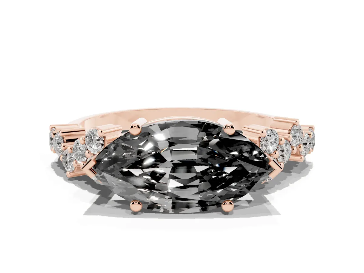 Fancy Black Marquise Cut Diamond Scattered Round Accent Ring with Prong Setting Rose gold