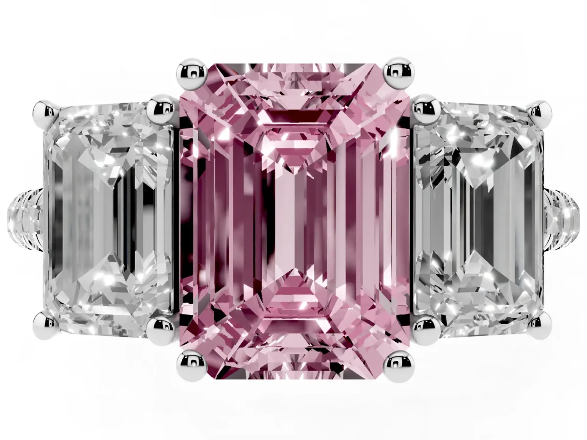 Fancy Pink Three-Stone Emerald Cut Diamond Ring with Round Pavé Band and Prong Setting Silver