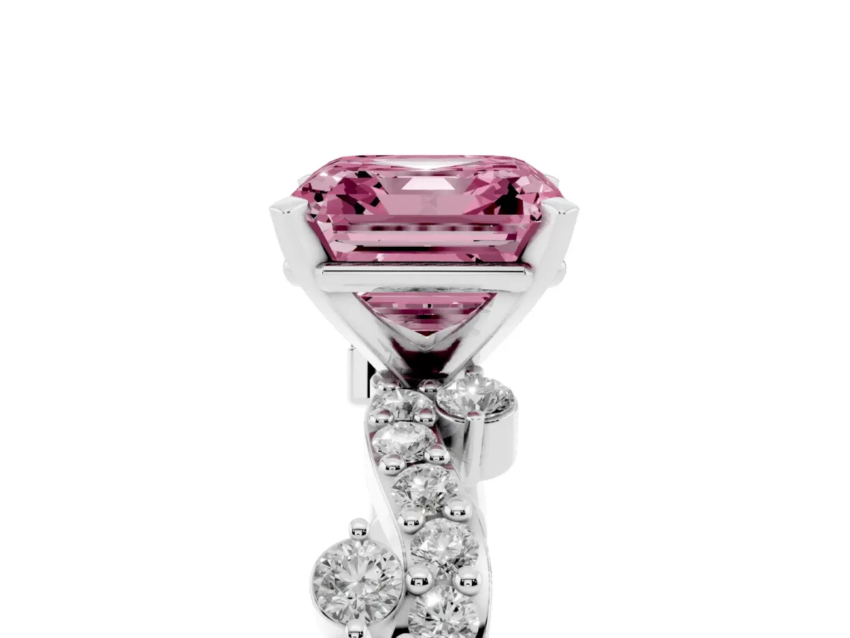 Fancy Pink Asscher Cut Cut Solitaire Diamond Twisted Band with Pave Setting Silver