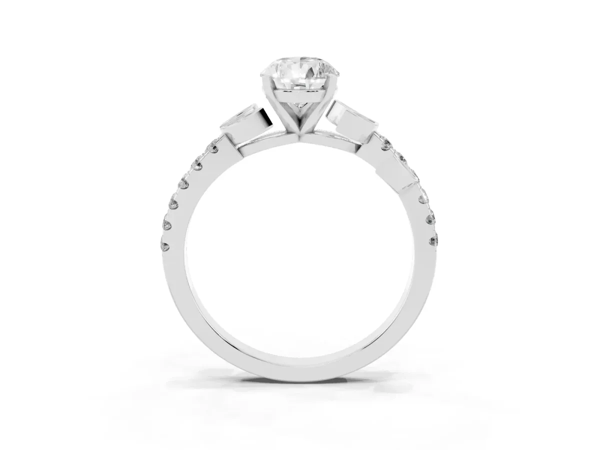 Pear Cut Solitaire Leaf-Inspired Diamond Ring with Pavé Band and Four-Prong Setting Silver