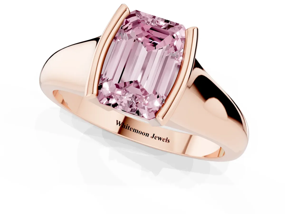 Fancy Pink Emerald Cut Solitaire Tension Set Diamond Ring with Split Shank Band Rose gold