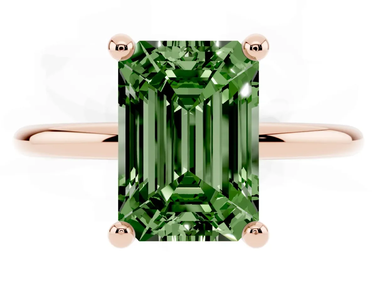Fancy Green Emerald Cut Solitaire Diamond Ring with 4-Prong Setting on a Classic Band Rose gold