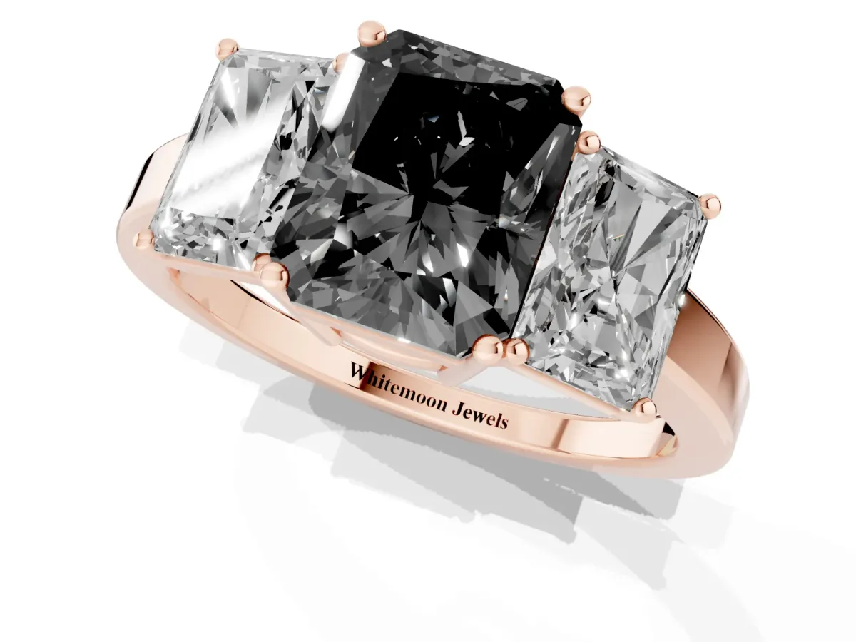 Fancy Black Three-Stone Radiant Cut Cut Diamond Engagement Ring with Flat Band and Four-Prong Setting Rose gold