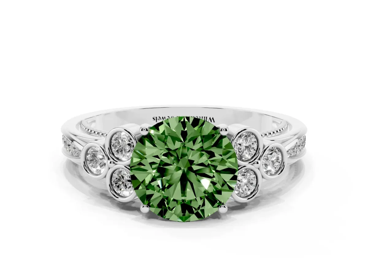 Fancy Green Round Cut Cut Diamond Engagement Ring with Bezel Set Round Side Stones and Prong Setting Platinum