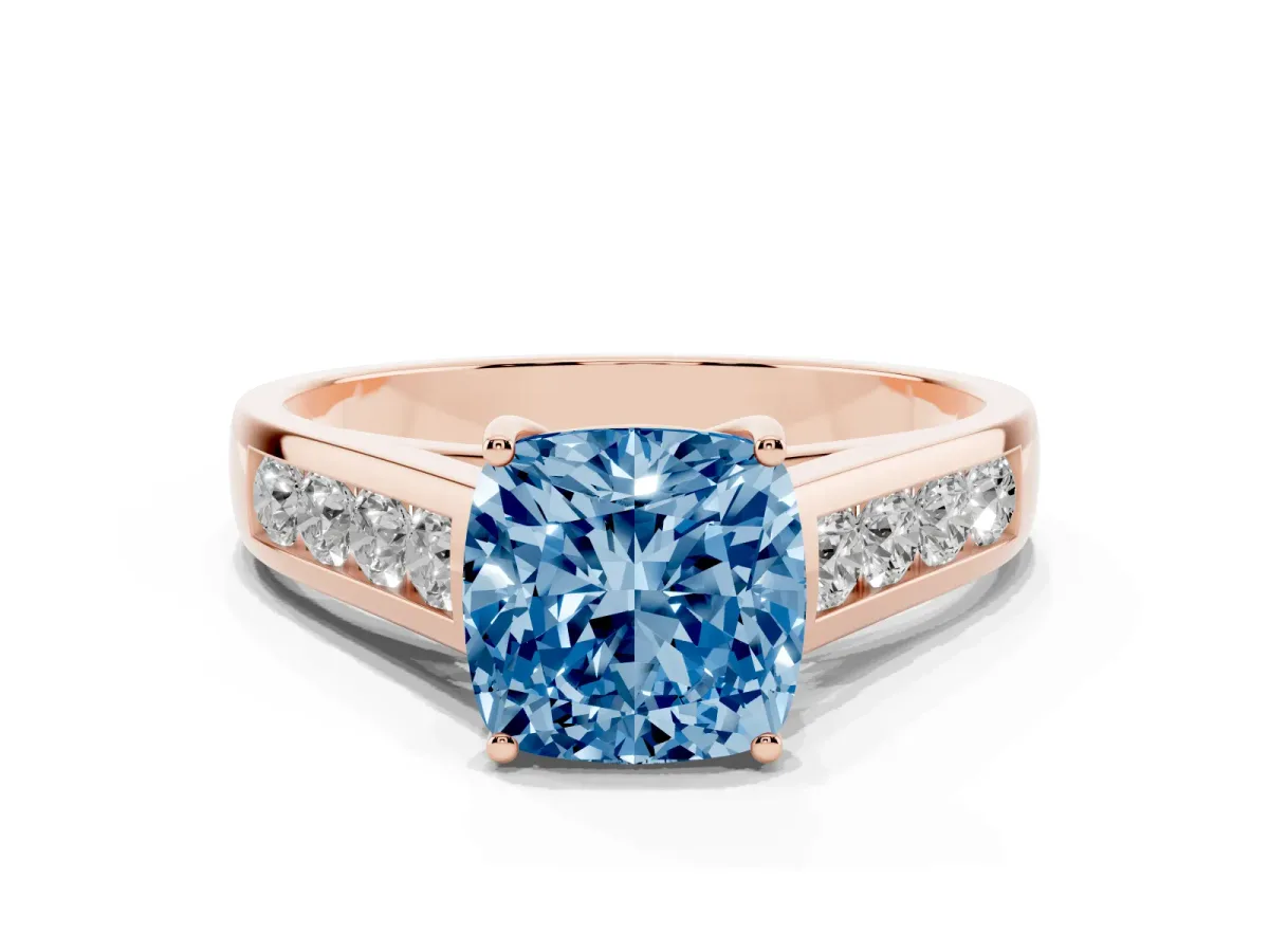 Fancy Blue Cushion Cut Brilliant Channel-Set Solitaire Ring with Four-Prong Setting Rose gold