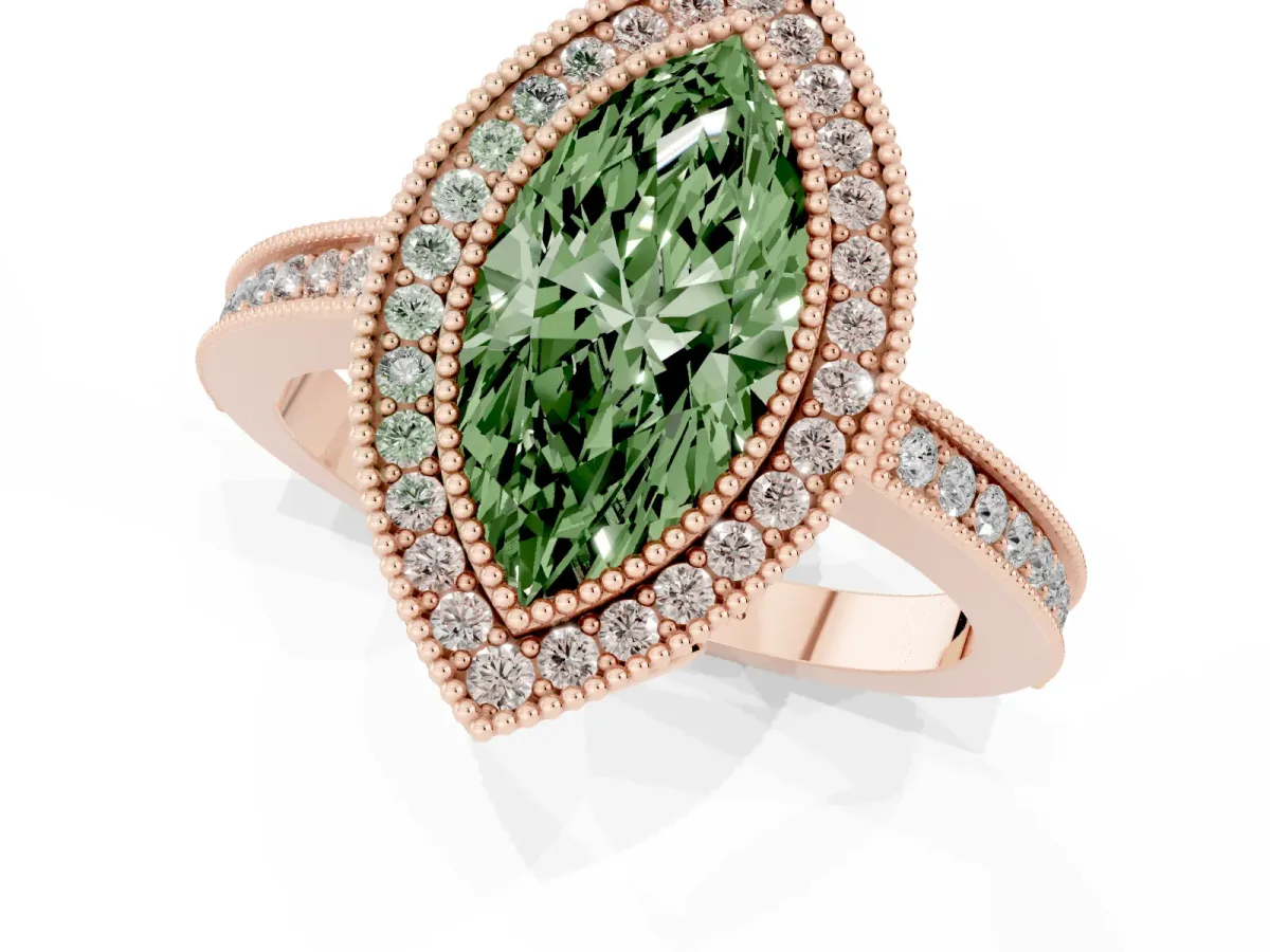 Fancy Green Marquise Cut Cut Halo Diamond Ring with Pavé Band and Milgrain Prong Setting Rose gold