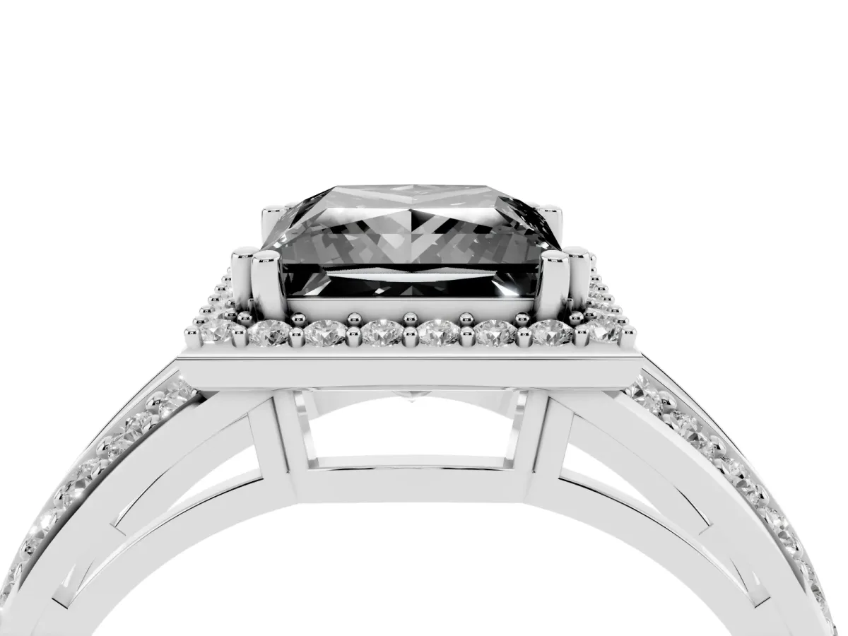 Fancy Black Princess Cut Diamond Halo Ring with Split Shank Pavé Band and Four-Prong Setting Platinum