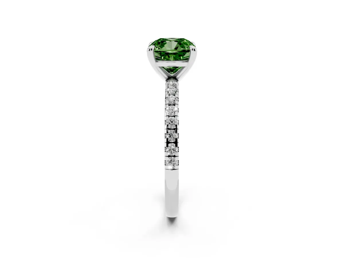 Fancy Green Cushion Cut Diamond Brilliant Solitaire Ring with Pavé Band and Four-Prong Setting Platinum