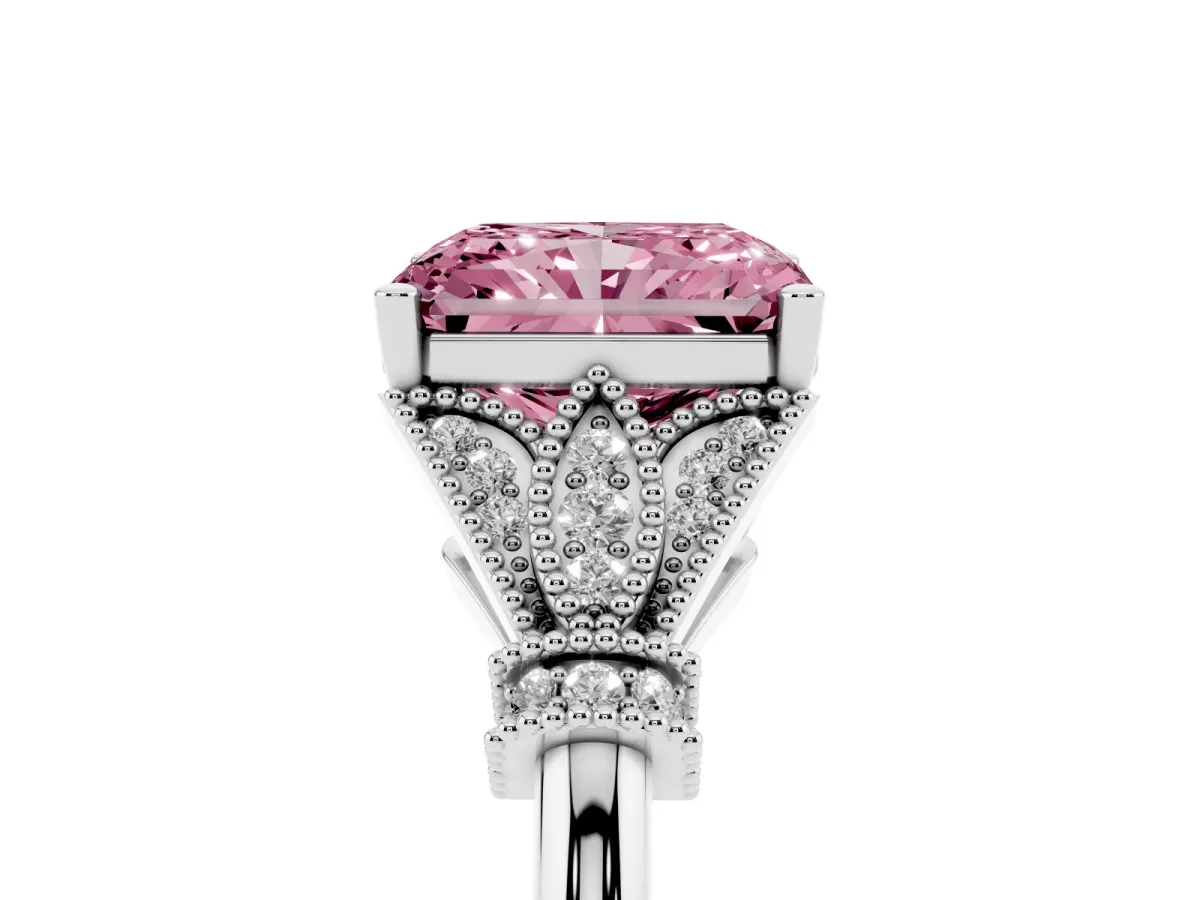 Fancy Pink Radiant Cut Diamond Solitaire Ring with Floral Filigree and Pave Accents White gold
