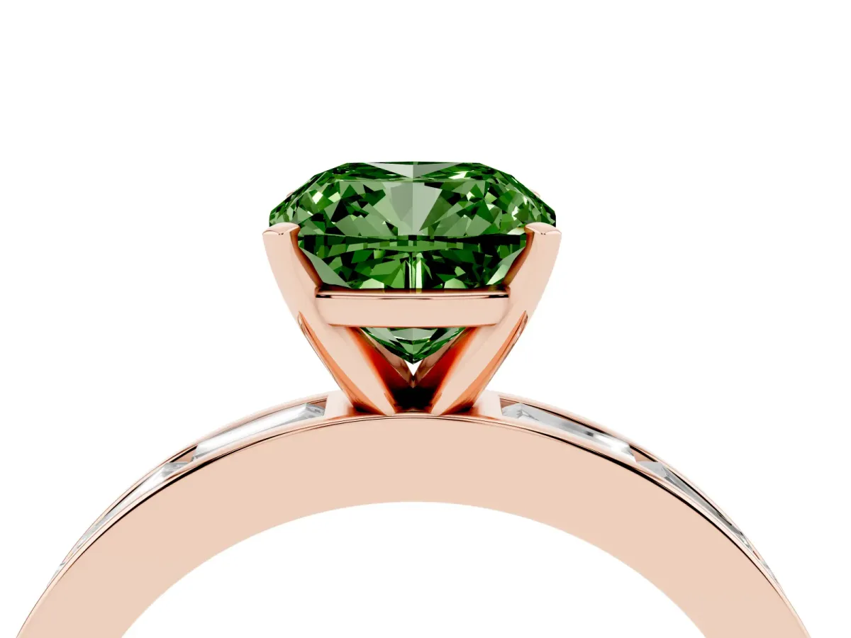 Fancy Green Cushion Cut Solitaire Diamond Ring with Channel-Set Baguette Band and Four-Prong Setting Rose gold