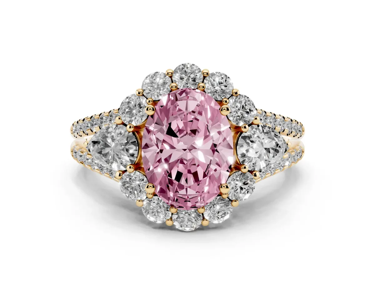 Fancy Pink Oval Cut Halo Split Shank Diamond Engagement Ring with Prong Setting Yellow gold