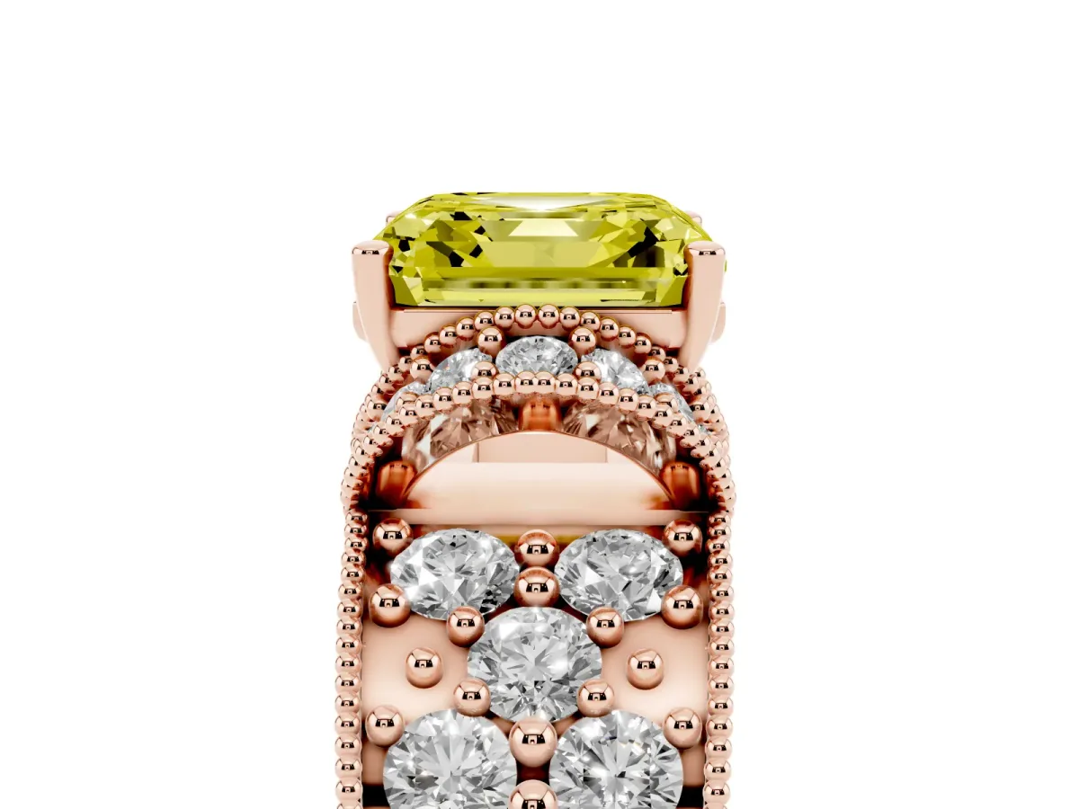Fancy Yellow Asscher Cut Halo Pave Diamond Engagement Ring with Milgrain Detailing Rose gold