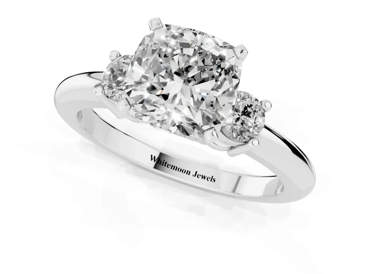 Three-Stone Cushion Cut Cut Diamond Solitaire with Prong Setting and Classic Band White gold