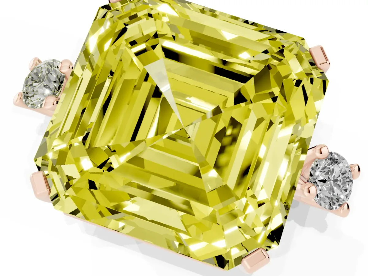Fancy Yellow Asscher Cut Cut Three-Stone Solitaire Ring with Round Accent Diamonds and Four-Prong Setting Rose gold