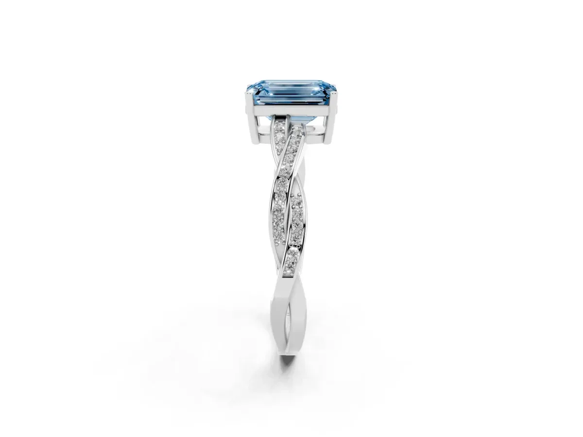 Fancy Blue Emerald Cut Solitaire Twisted Pave Diamond Ring with Four-Prong Setting White gold