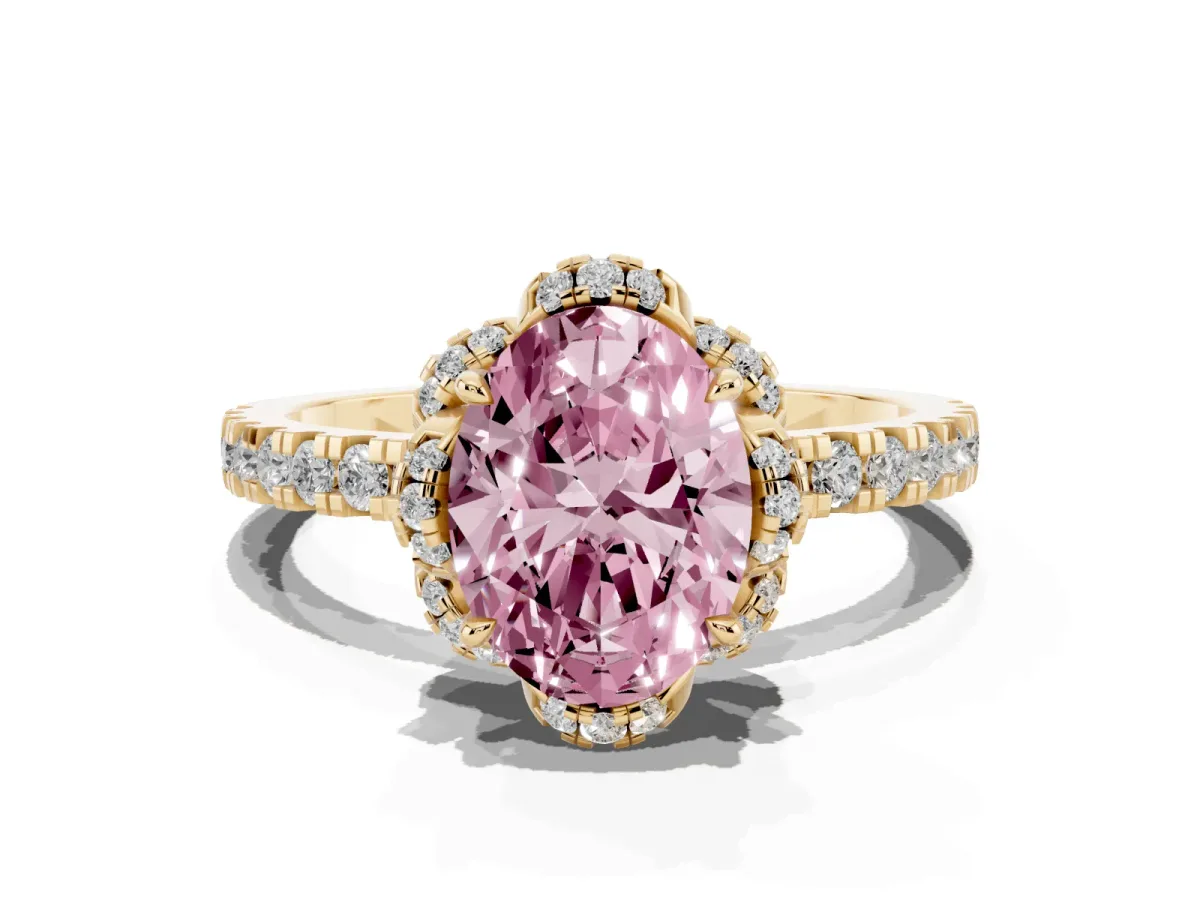 Fancy Pink Oval Cut Halo Diamond Pave Band Ring with Four-Prong Setting Yellow gold
