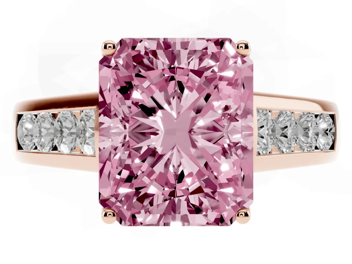 Fancy Pink Radiant Cut Brilliant Channel-Set Solitaire Ring with Four-Prong Setting Rose gold