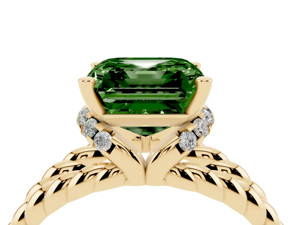 Fancy Green Asscher Cut Halo Twisted Band Four-Prong Ring Yellow gold