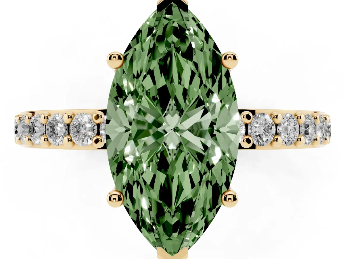 Fancy Green Marquise Cut Cut Diamond Solitaire with Pave Band and Four-Prong Setting Yellow gold