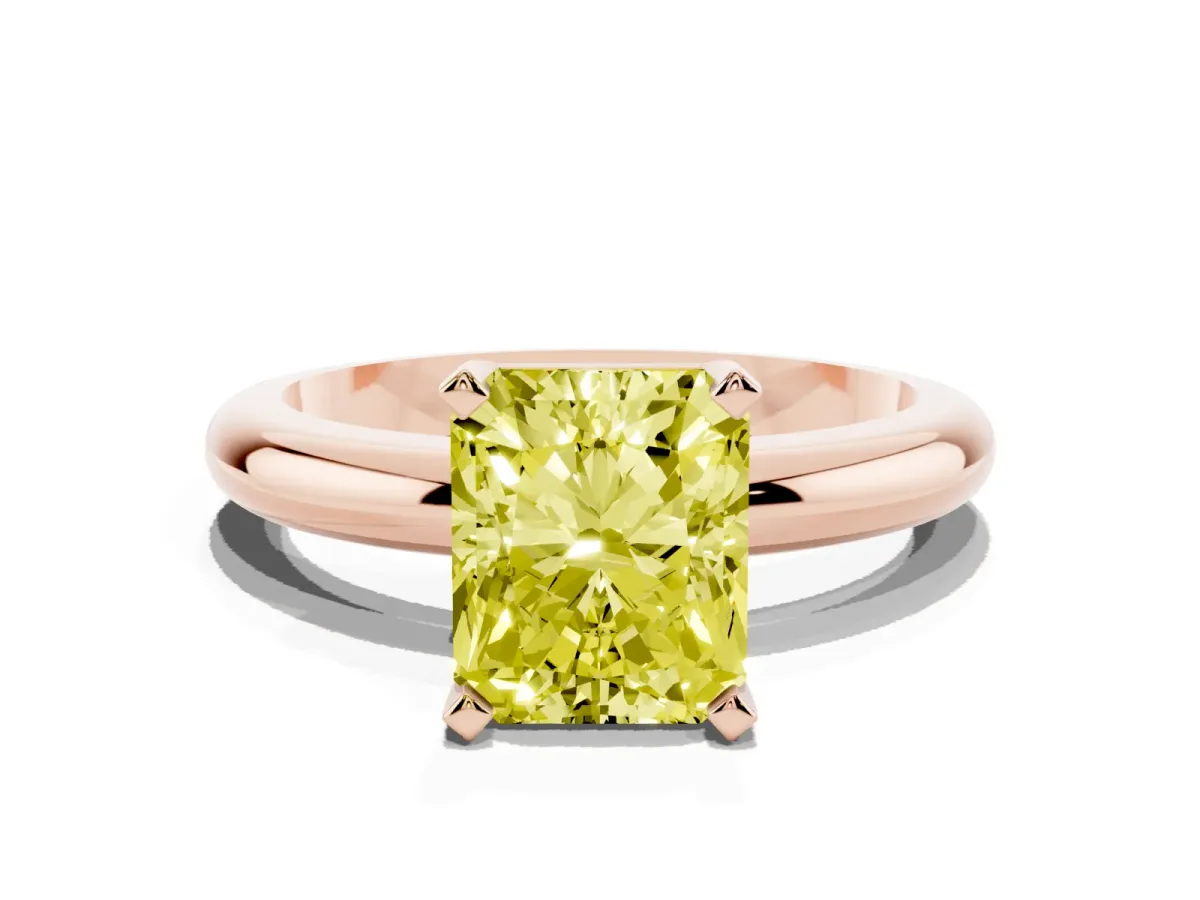 Fancy Yellow Radiant Cut Diamond Solitaire Engagement Ring with Round Band and Four-Prong Setting Rose gold
