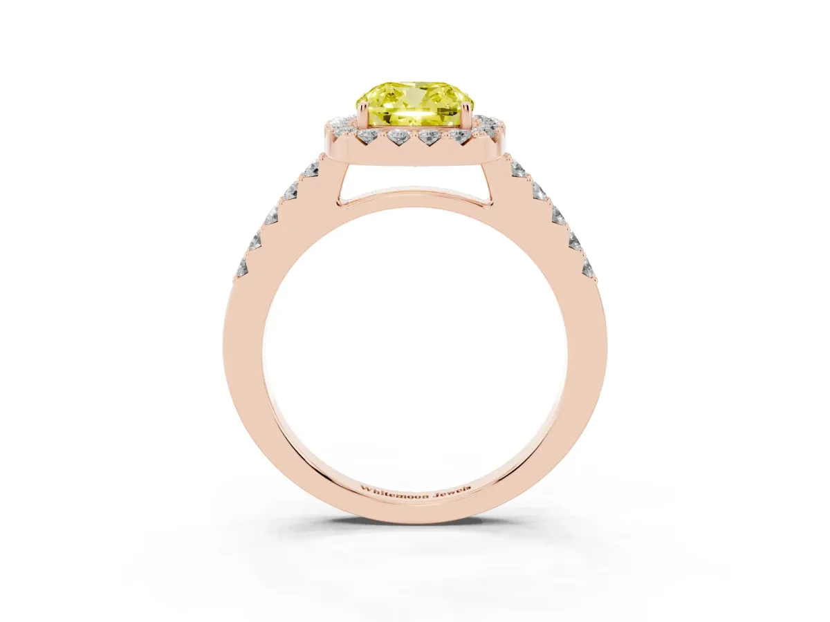 Fancy Yellow Cushion Cut Halo Diamond Pavé Solitaire Ring Rose gold
